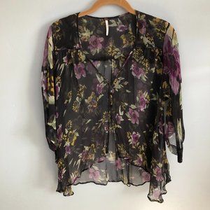 Free People Sheer Flowy Floral Blouse with Flared Sleeves
